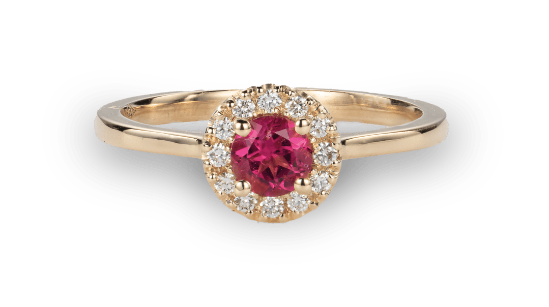 Geelgouden ring met briljant en roze Toermalijn