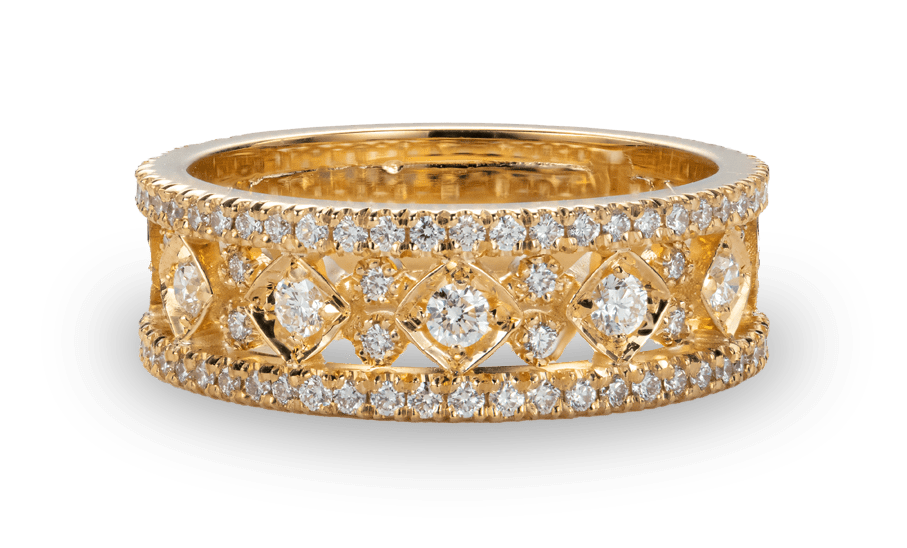 Eigen ontwerp van een geelgouden ring gezet met diamant, een éénmalige unieke creatie