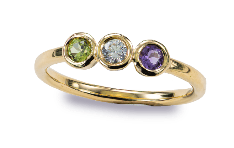 Geelgouden 18kt ring met geboortestenen: peridoot-diamant-amethyst
