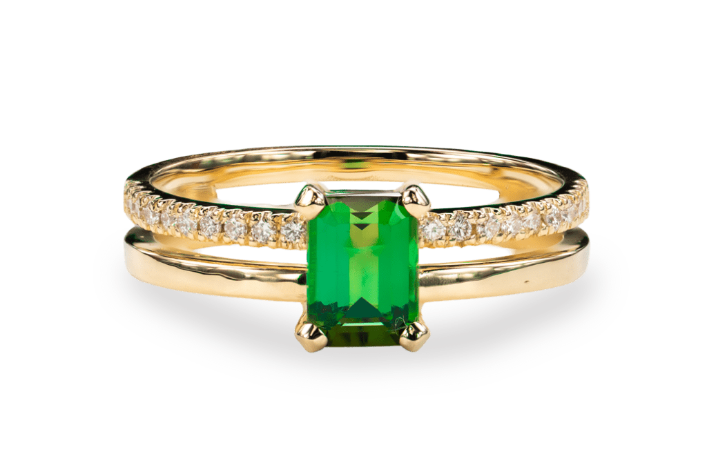 Geelgouden 18kt ring met natuurlijke diamant en groene toermalijn