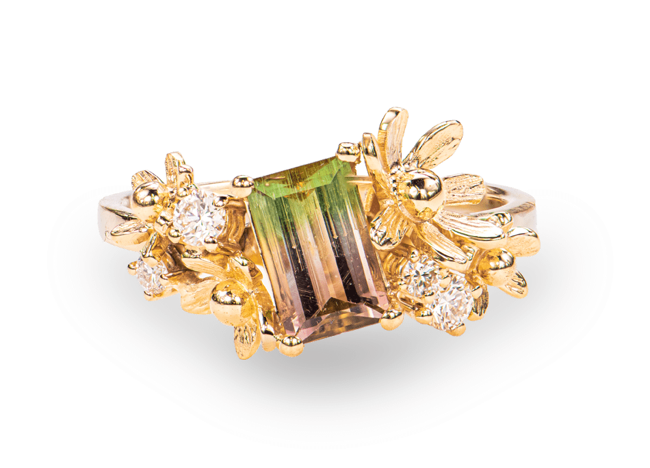 Bloemenring in geelgoud 18kt met diamant en een meerkleurige toermalijn.