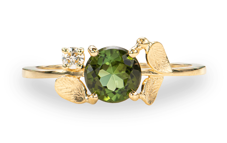 Geelgouden 18kt ring met bloemmotief en groene toermalijn